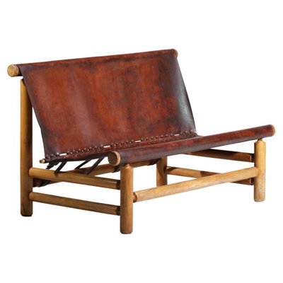 Cognac Leather & Pine Bench, 1950s-YU-1133301