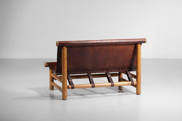 Cognac Leather & Pine Bench, 1950s-YU-1133301