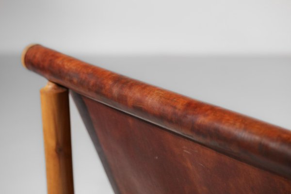 Cognac Leather & Pine Bench, 1950s-YU-1133301