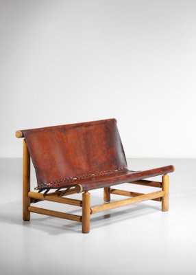 Cognac Leather & Pine Bench, 1950s-YU-1133301