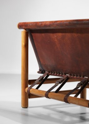 Cognac Leather & Pine Bench, 1950s-YU-1133301