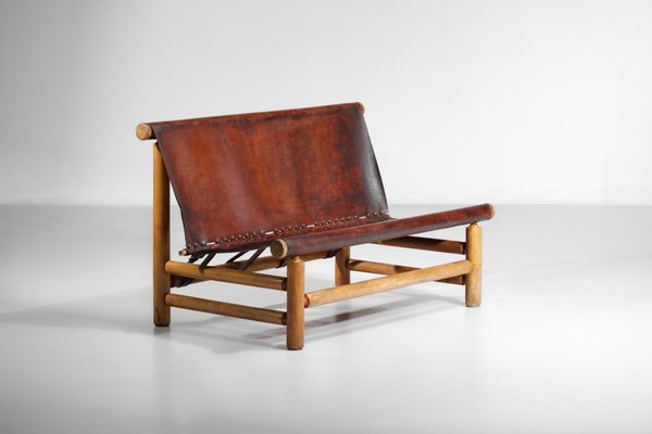 Cognac Leather & Pine Bench, 1950s-YU-1133301