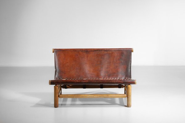 Cognac Leather & Pine Bench, 1950s-YU-1133301