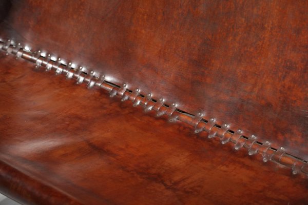 Cognac Leather & Pine Bench, 1950s-YU-1133301