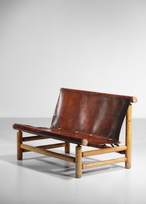 Cognac Leather & Pine Bench, 1950s-YU-1133301