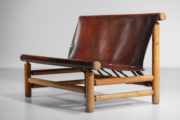 Cognac Leather & Pine Bench, 1950s-YU-1133301