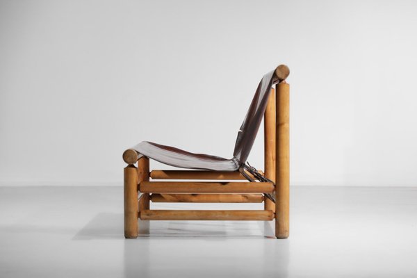 Cognac Leather & Pine Bench, 1950s-YU-1133301