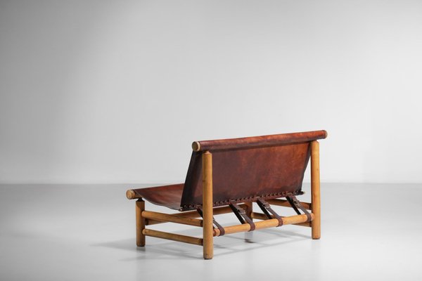 Cognac Leather & Pine Bench, 1950s-YU-1133301