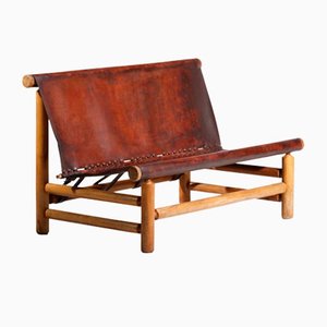 Cognac Leather & Pine Bench, 1950s-YU-1133301