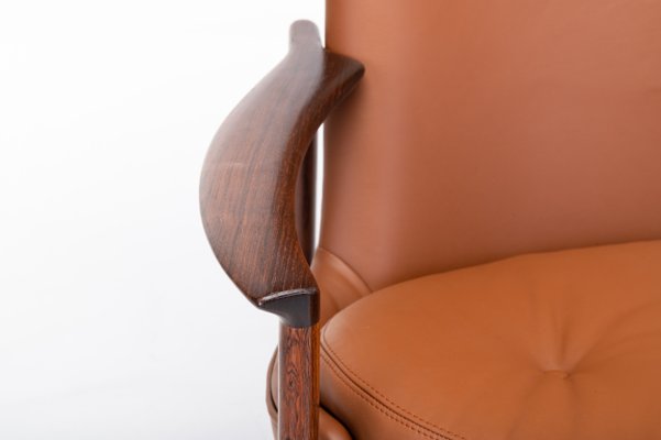 Cognac Leather & Rosewood Wingback Lounge Chair by Ib Kofod Larsen for Fröscher, 1970s-RNH-782790