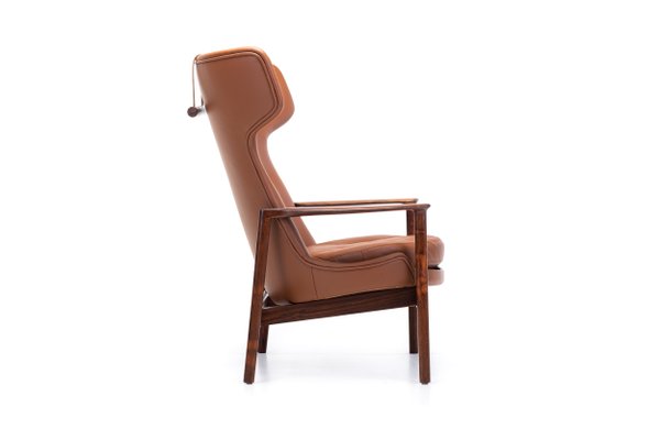 Cognac Leather & Rosewood Wingback Lounge Chair by Ib Kofod Larsen for Fröscher, 1970s-RNH-782790