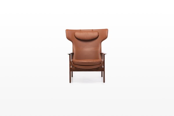 Cognac Leather & Rosewood Wingback Lounge Chair by Ib Kofod Larsen for Fröscher, 1970s-RNH-782790