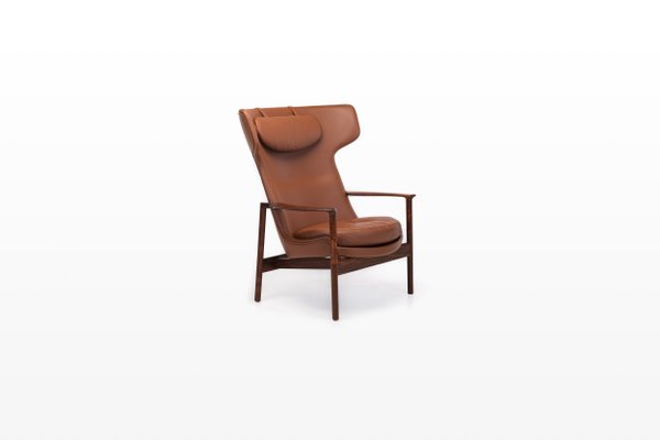 Cognac Leather & Rosewood Wingback Lounge Chair by Ib Kofod Larsen for Fröscher, 1970s-RNH-782790