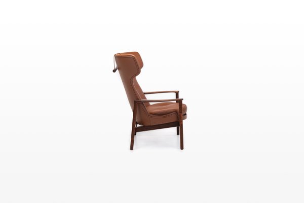 Cognac Leather & Rosewood Wingback Lounge Chair by Ib Kofod Larsen for Fröscher, 1970s-RNH-782790