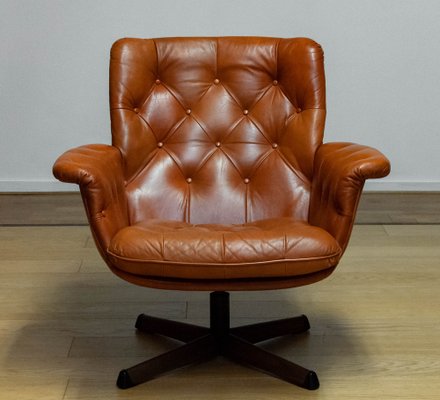 Cognac Leather Swivel Chair attributed to Göte Möbler Nässjö Sweden, 1960s-JE-1773464