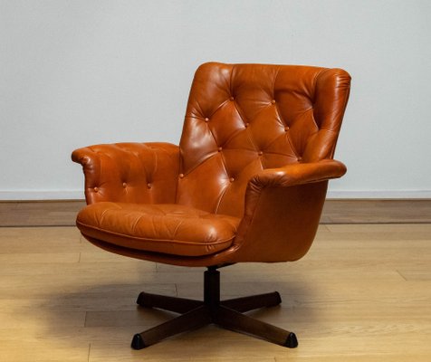 Cognac Leather Swivel Chair attributed to Göte Möbler Nässjö Sweden, 1960s-JE-1773464