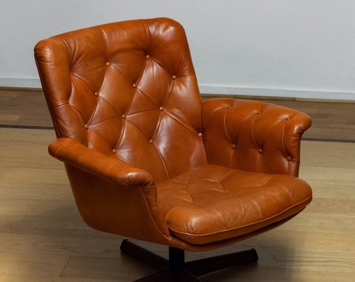 Cognac Leather Swivel Chair attributed to Göte Möbler Nässjö Sweden, 1960s-JE-1773464