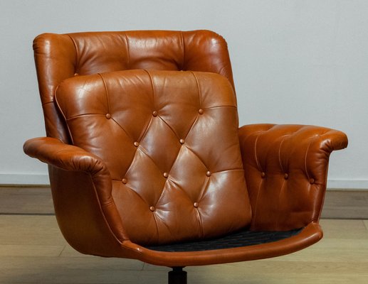 Cognac Leather Swivel Chair attributed to Göte Möbler Nässjö Sweden, 1960s-JE-1773464