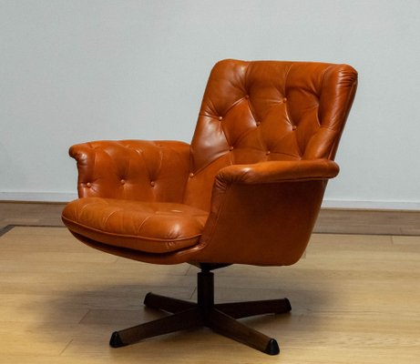 Cognac Leather Swivel Chair attributed to Göte Möbler Nässjö Sweden, 1960s-JE-1773464