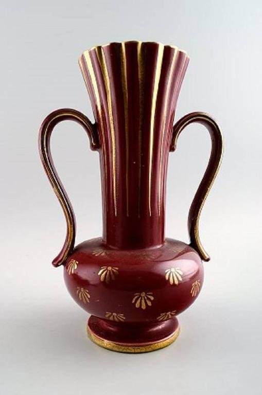 Collection of Red Rubin Pottery with Red Glaze and Gold by Arthur Percy for Upsala-Ekeby, Set of 4