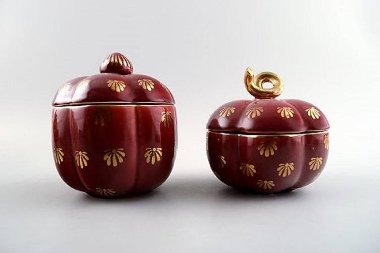 Collection of Red Rubin Pottery with Red Glaze and Gold by Arthur Percy for Upsala-Ekeby, Set of 4