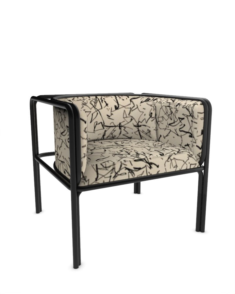 Collector Az1 Armchair Scribble Monochrome Fabric and Black Lacquered Metal by Francesco Zonca