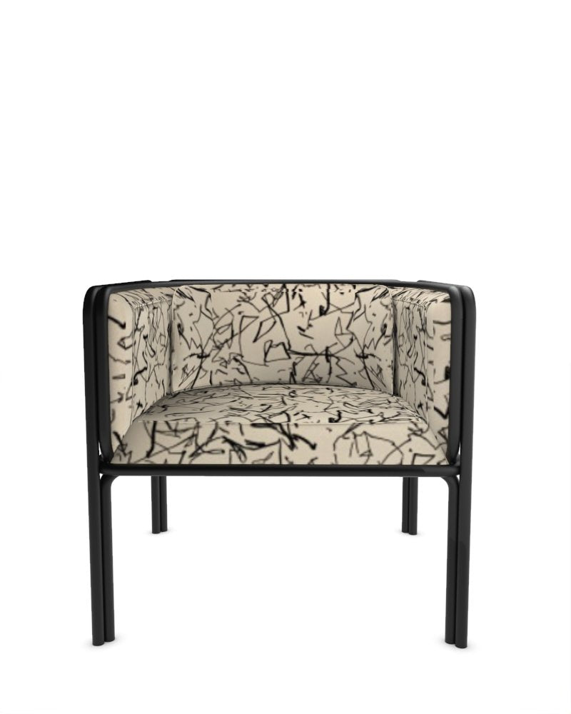 Collector Az1 Armchair Scribble Monochrome Fabric and Black Lacquered Metal by Francesco Zonca