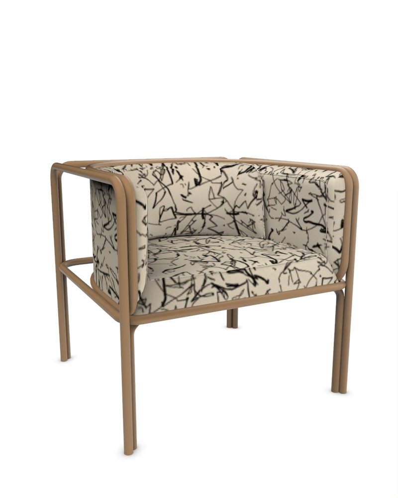 Collector Az1 Armchair Scribble Monochrome Fabric and Brown Lacquered Metal by Francesco Zonca