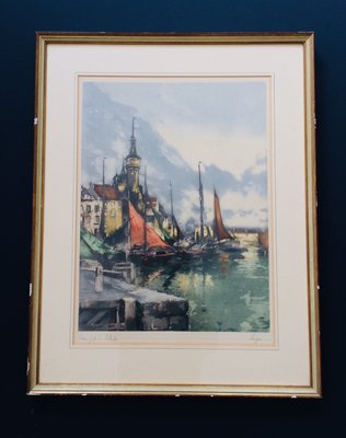 Color Etching, F. J. Luigini Vieux, Port À Ostende, Early 1900s-RQV-988376