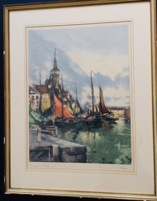 Color Etching, F. J. Luigini Vieux, Port À Ostende, Early 1900s-RQV-988376