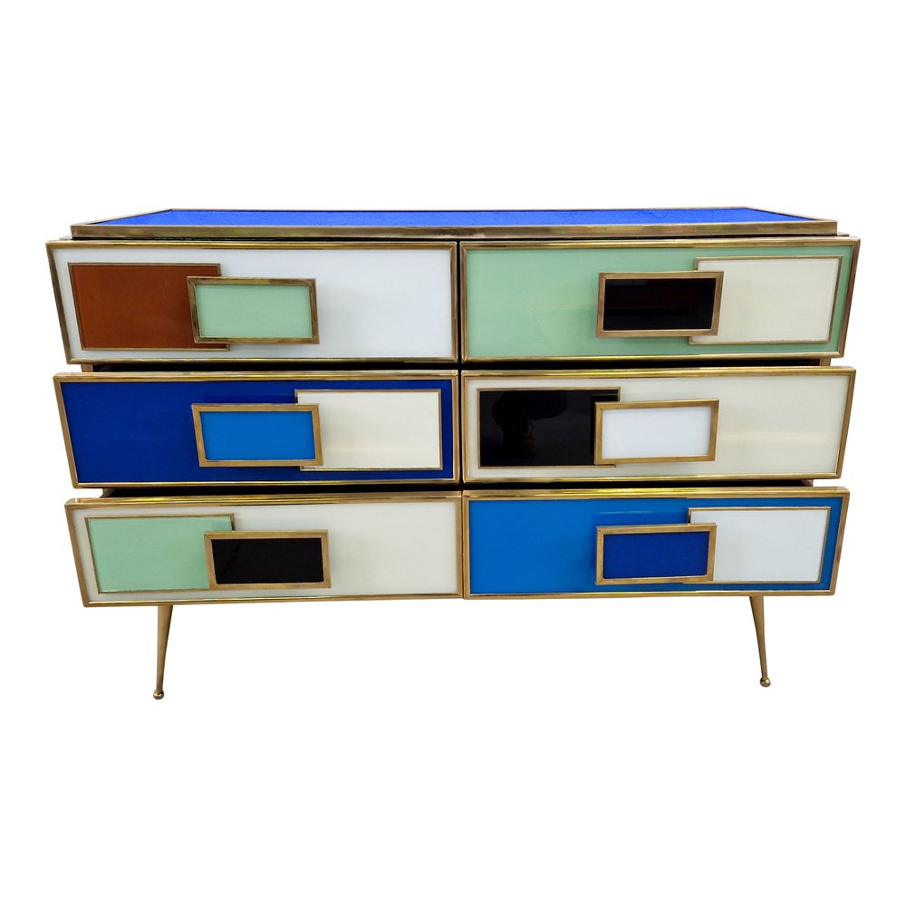 Commode with 6 Drawers in Multicolor Murano Glass, 1980s