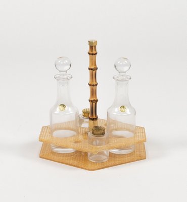 Condiment Set in Acrylic Glass, Wicker and Brass in the style of Christian Dior, Italy, 1970s, Set of 5-LYQ-2020943