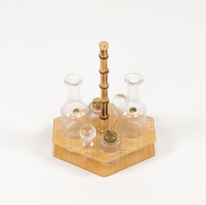 Condiment Set in Acrylic Glass, Wicker and Brass in the style of Christian Dior, Italy, 1970s, Set of 5-LYQ-2020943