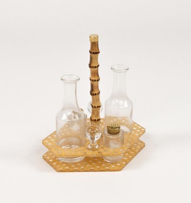 Condiment Set in Acrylic Glass, Wicker and Brass in the style of Christian Dior, Italy, 1970s, Set of 5-LYQ-2020944