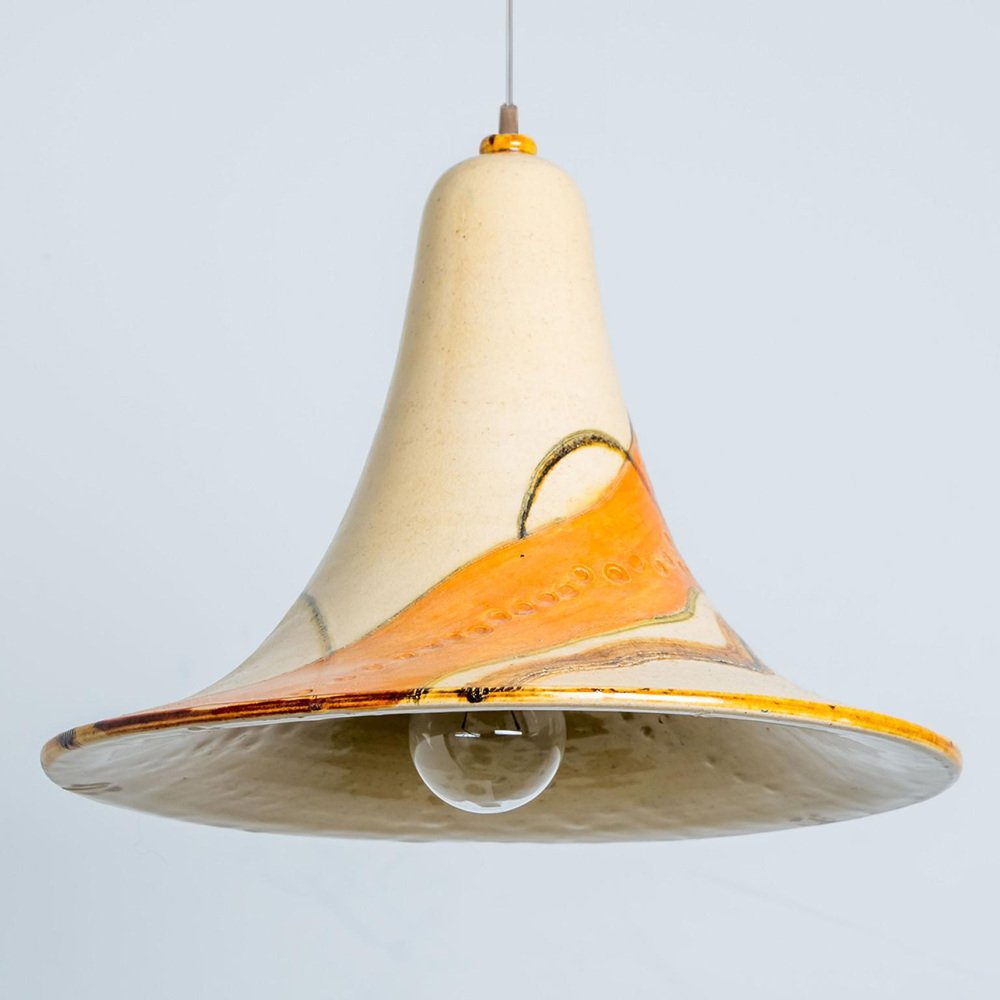 Cone Beige Orange Ceramic Pendant Light, 1970