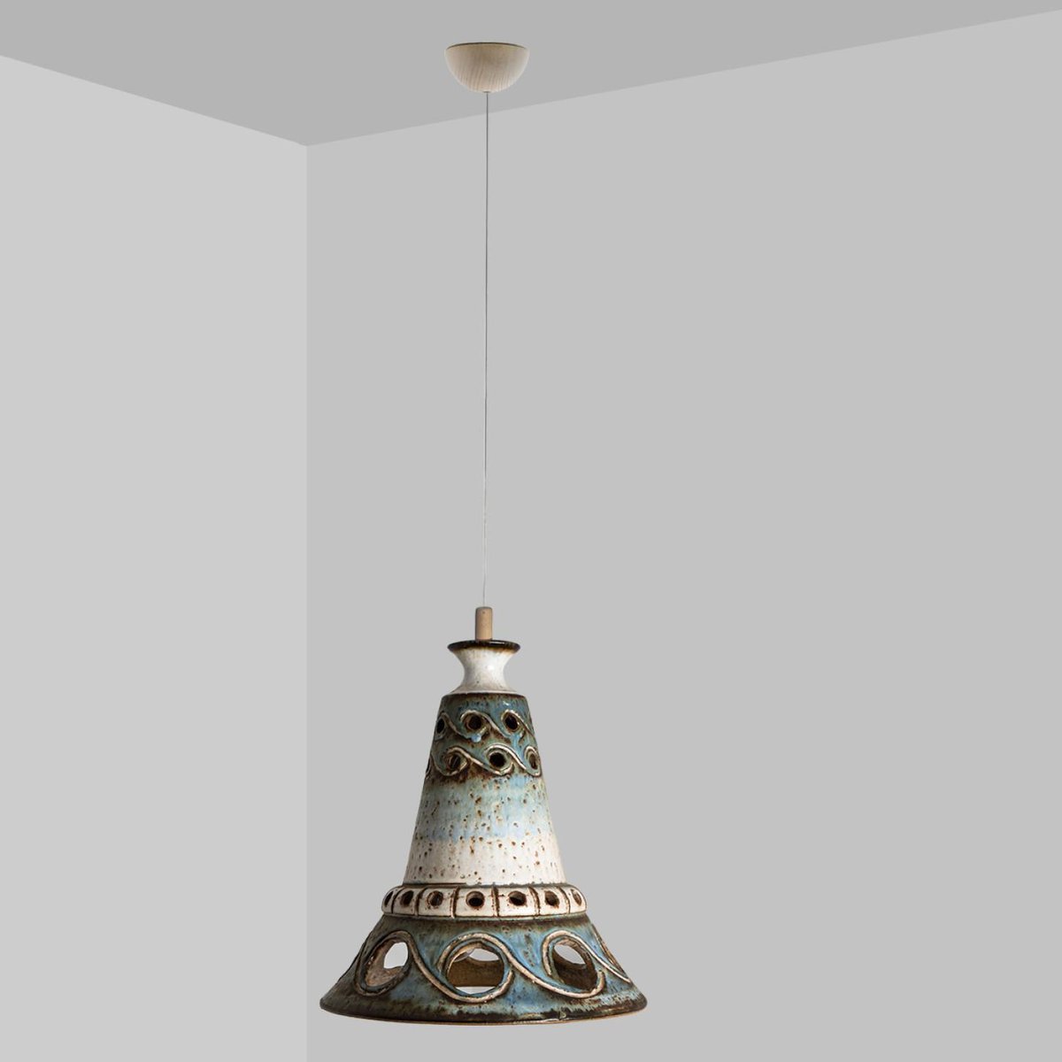 Cone Blue Ceramic Pendant Light, Denmark, 1970s