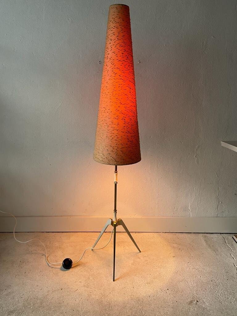 Cone Fabric Shade and White Metal Body Tripod Floor Lamp, Germany, 1950s