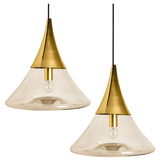 Cone Shape Brass & Clear Glass Pendant Light from Limburg