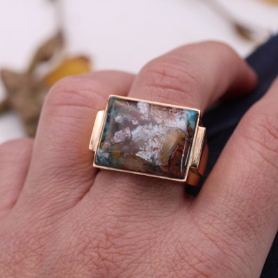 Confetti Agate 18 Karat Yellow Gold Signet Ring, 1950s-OLU-1763984