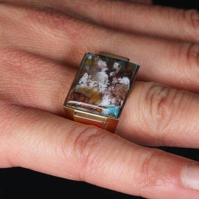 Confetti Agate 18 Karat Yellow Gold Signet Ring, 1950s-OLU-1763984