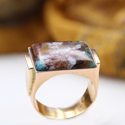 Confetti Agate 18 Karat Yellow Gold Signet Ring, 1950s-OLU-1763984