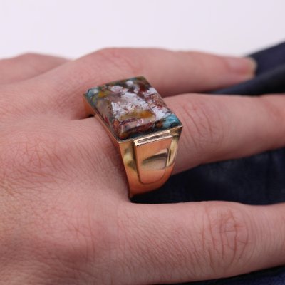 Confetti Agate 18 Karat Yellow Gold Signet Ring, 1950s-OLU-1763984