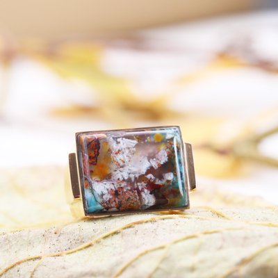 Confetti Agate 18 Karat Yellow Gold Signet Ring, 1950s-OLU-1763984