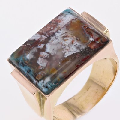 Confetti Agate 18 Karat Yellow Gold Signet Ring, 1950s-OLU-1763984