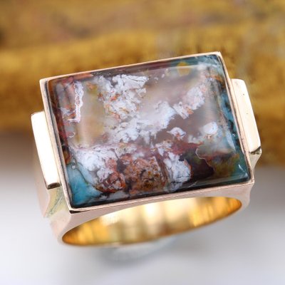 Confetti Agate 18 Karat Yellow Gold Signet Ring, 1950s-OLU-1763984