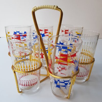 Confetti Decorated Drinking Glasses in Brass Holder, 1950s, Set of 6-QDP-997793