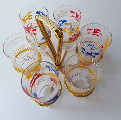 Confetti Decorated Drinking Glasses in Brass Holder, 1950s, Set of 6-QDP-997793