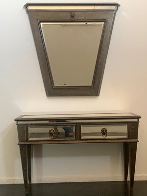 Console and Mirror with Metal Leaf and Bronze Details, 1990s, Set of 2-IJR-1393303