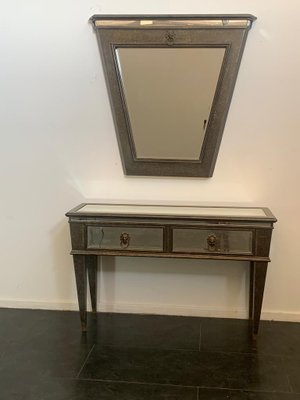 Console and Mirror with Metal Leaf and Bronze Details, 1990s, Set of 2-IJR-1393303