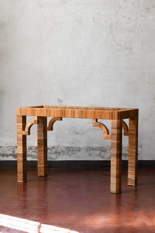 Console in Rattan with Glass Shelf from Vivai Del Sud, Italy, 1970